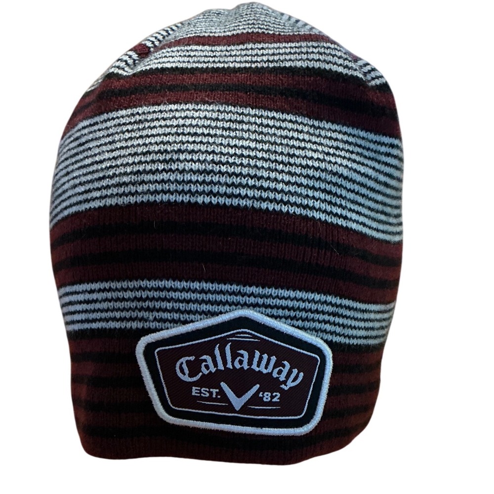 Callaway Golf Beanie Hat Striped Burgundy Black Grey Knit Fleece Lined Est 82
